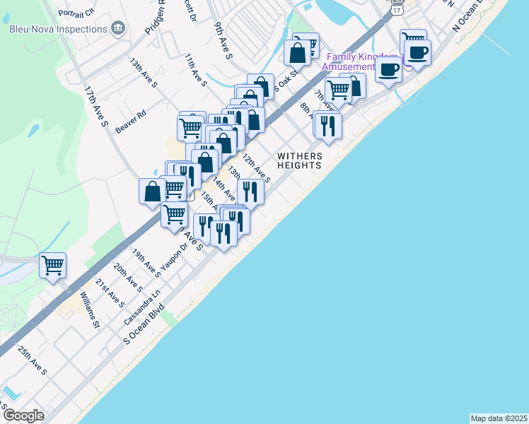 map of restaurants, bars, coffee shops, grocery stores, and more near 1301 South Ocean Boulevard in Myrtle Beach