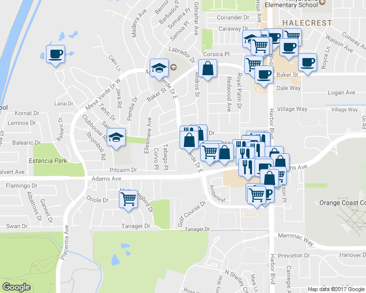 map of restaurants, bars, coffee shops, grocery stores, and more near 2865 Serang Place in Costa Mesa