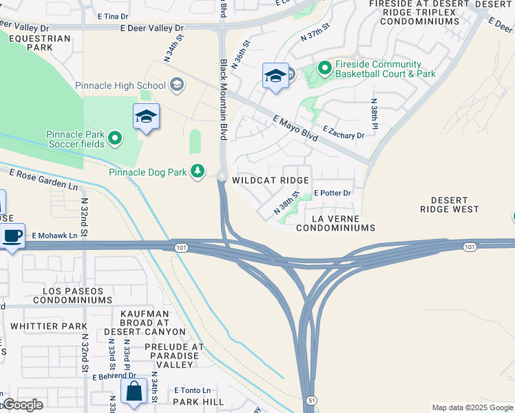 map of restaurants, bars, coffee shops, grocery stores, and more near 3701 East Potter Drive in Phoenix