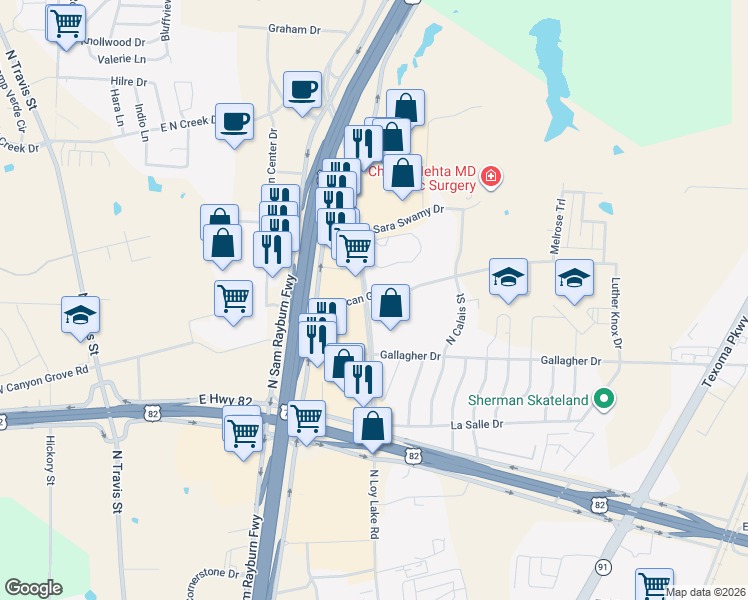 map of restaurants, bars, coffee shops, grocery stores, and more near 3415 North Loy Lake Road in Sherman
