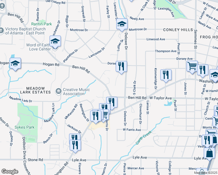 map of restaurants, bars, coffee shops, grocery stores, and more near 2183 Ben Hill Road in East Point