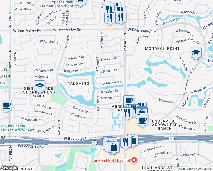 map of restaurants, bars, coffee shops, grocery stores, and more near 6817 West Monona Drive in Glendale