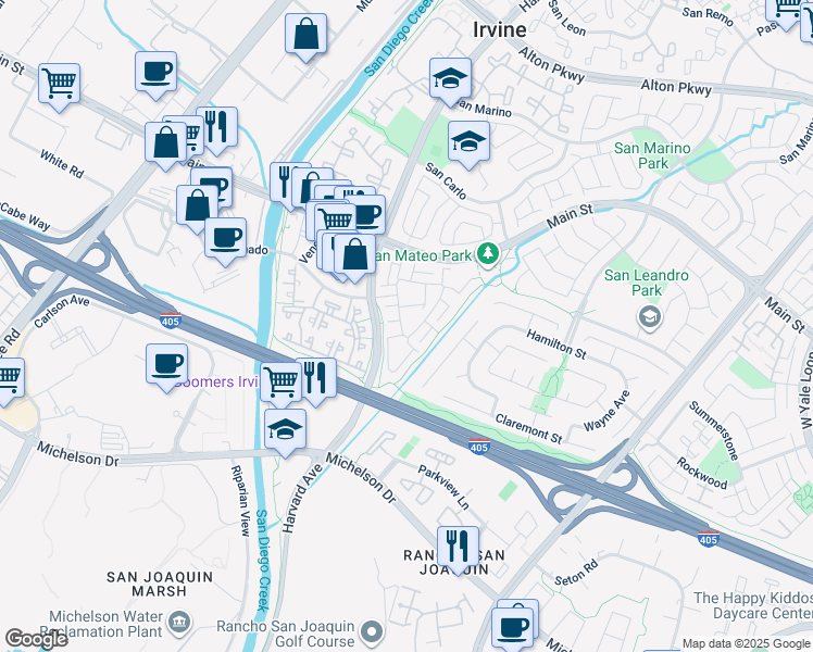 map of restaurants, bars, coffee shops, grocery stores, and more near 43 Almador in Irvine