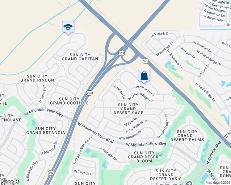 map of restaurants, bars, coffee shops, grocery stores, and more near 16044 West Verbena Lane in Surprise