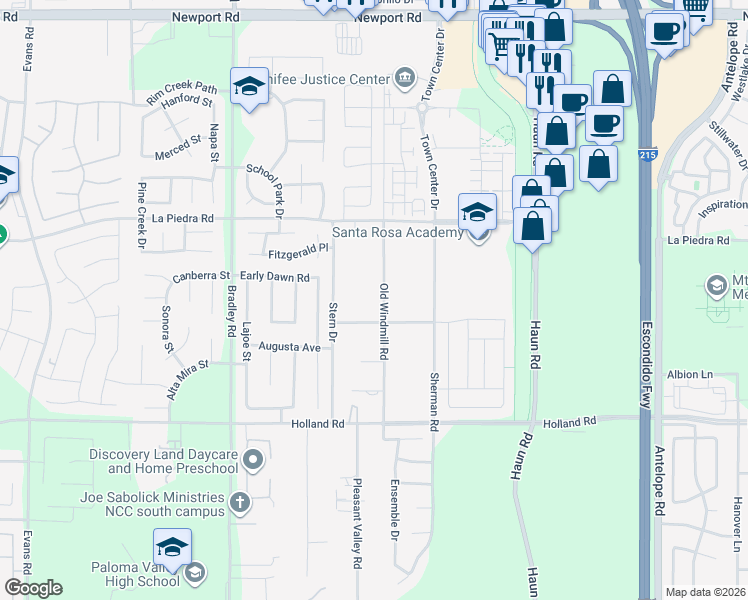 map of restaurants, bars, coffee shops, grocery stores, and more near 30675 Old Windmill Road in Menifee