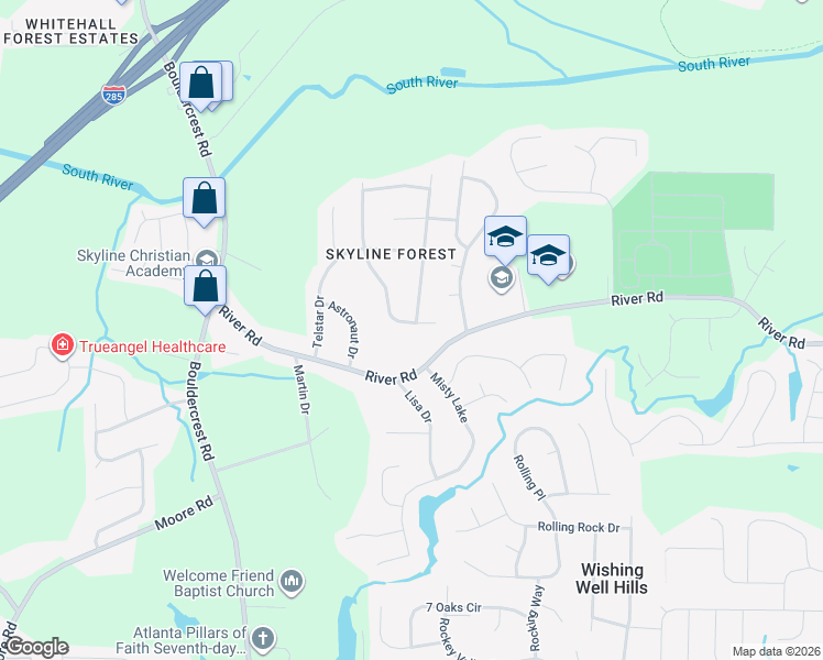 map of restaurants, bars, coffee shops, grocery stores, and more near 3707 Satellite Boulevard in Ellenwood