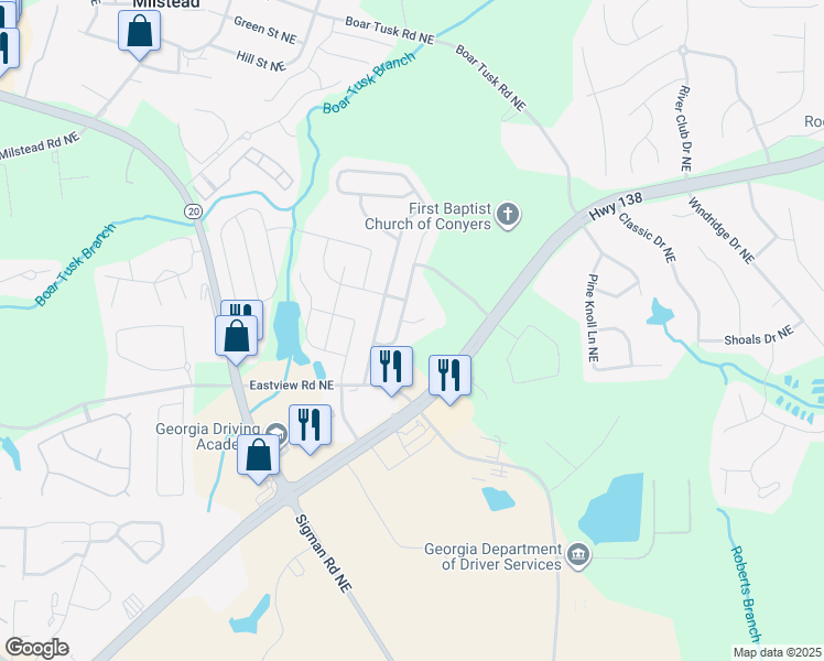 map of restaurants, bars, coffee shops, grocery stores, and more near 1902 Cobblestone Court in Conyers