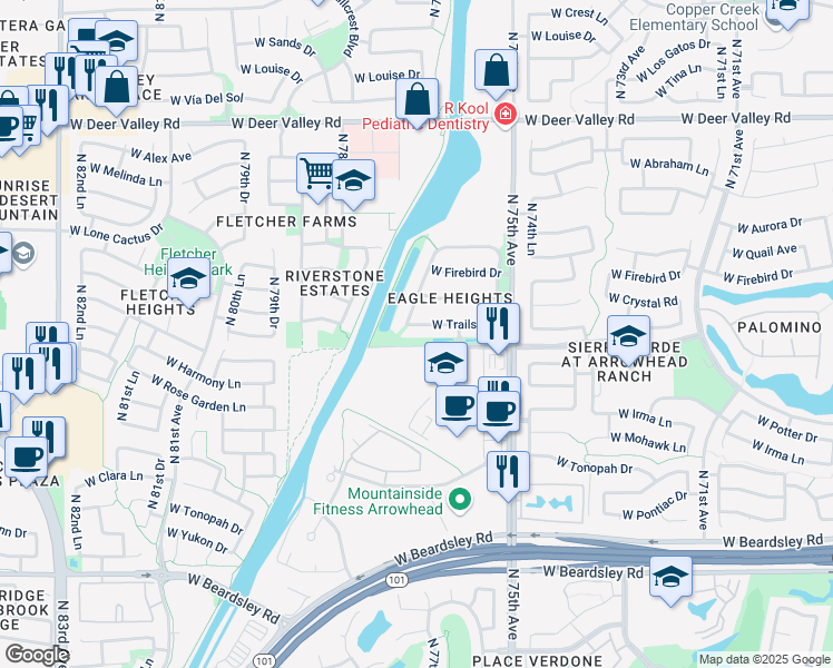 map of restaurants, bars, coffee shops, grocery stores, and more near 7589 West Trails Drive in Glendale