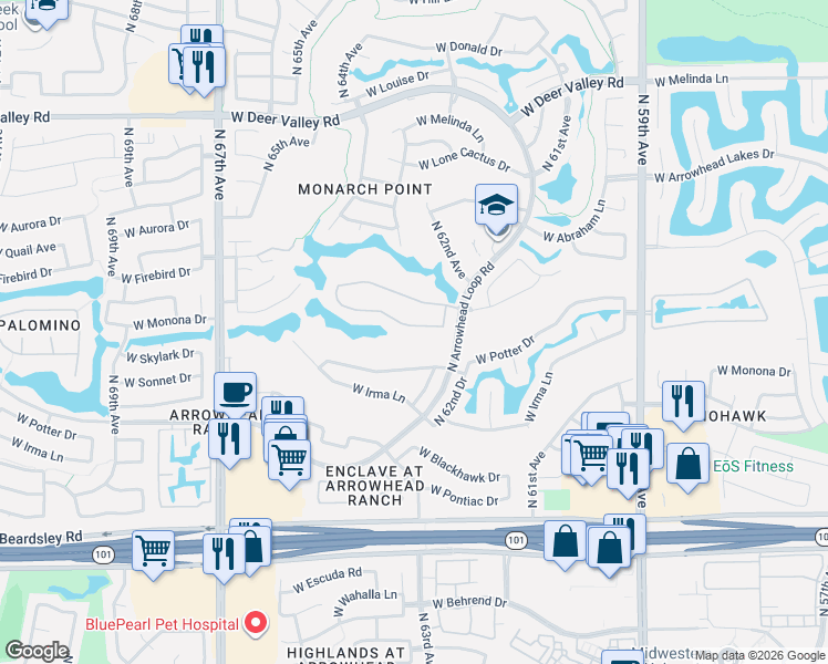map of restaurants, bars, coffee shops, grocery stores, and more near 6235 West Monona Drive in Glendale