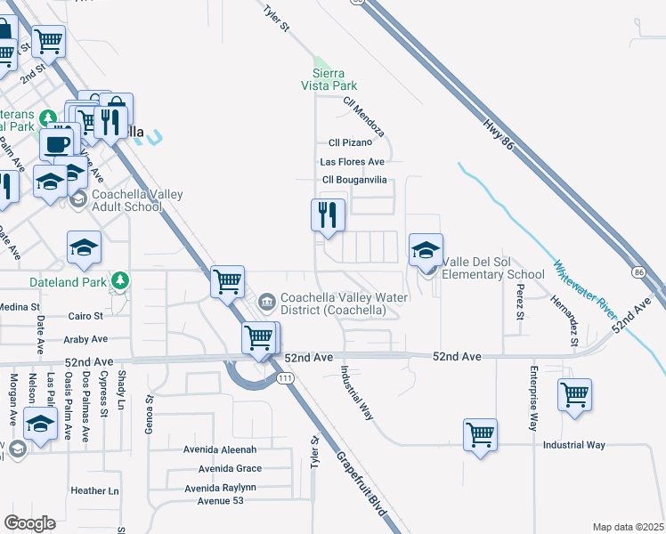 map of restaurants, bars, coffee shops, grocery stores, and more near 86037 Palmeras Circle in Coachella