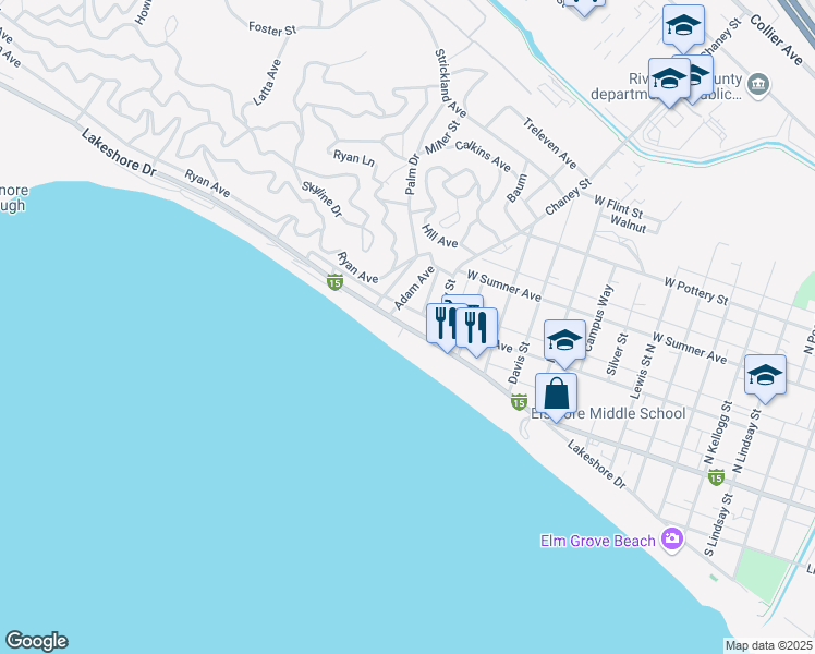 map of restaurants, bars, coffee shops, grocery stores, and more near 18028 Lakeshore Drive in Lake Elsinore