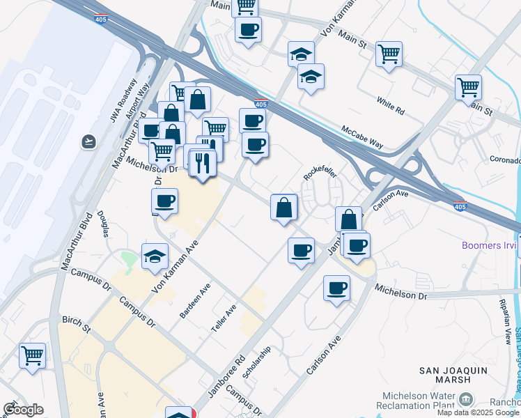 map of restaurants, bars, coffee shops, grocery stores, and more near 300 Michelson Drive in Irvine