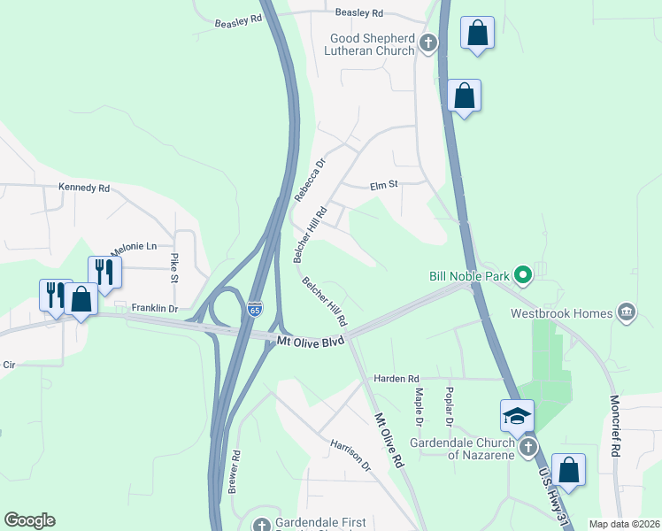 map of restaurants, bars, coffee shops, grocery stores, and more near 2070 Highland Drive in Gardendale