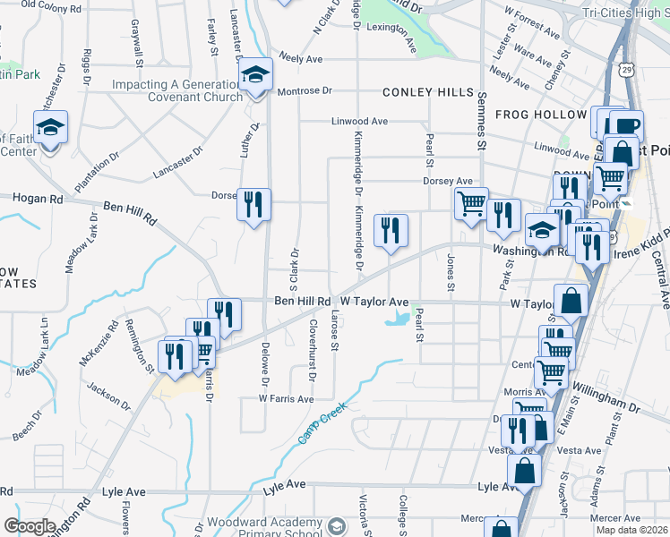 map of restaurants, bars, coffee shops, grocery stores, and more near 2950 Cloverhurst Drive in East Point