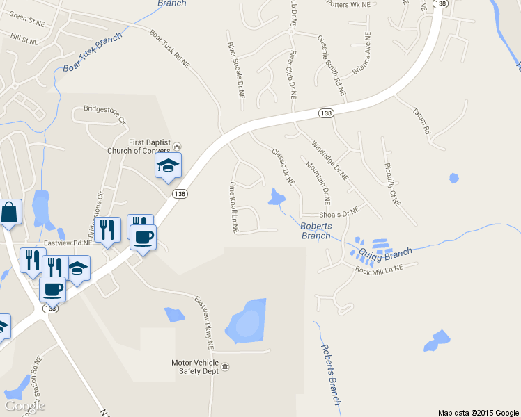 map of restaurants, bars, coffee shops, grocery stores, and more near 2198 Pine Knoll Circle Northeast in Conyers