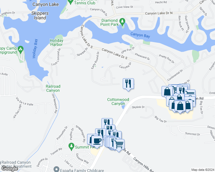 map of restaurants, bars, coffee shops, grocery stores, and more near 30765 Early Round Drive in Canyon Lake