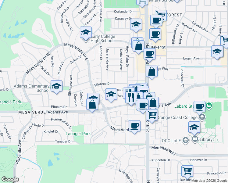 map of restaurants, bars, coffee shops, grocery stores, and more near 1605 Ponderosa Street in Costa Mesa
