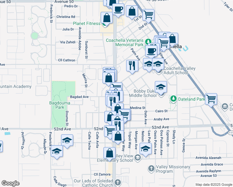 map of restaurants, bars, coffee shops, grocery stores, and more near 51392 Cesar Chavez Street in Coachella