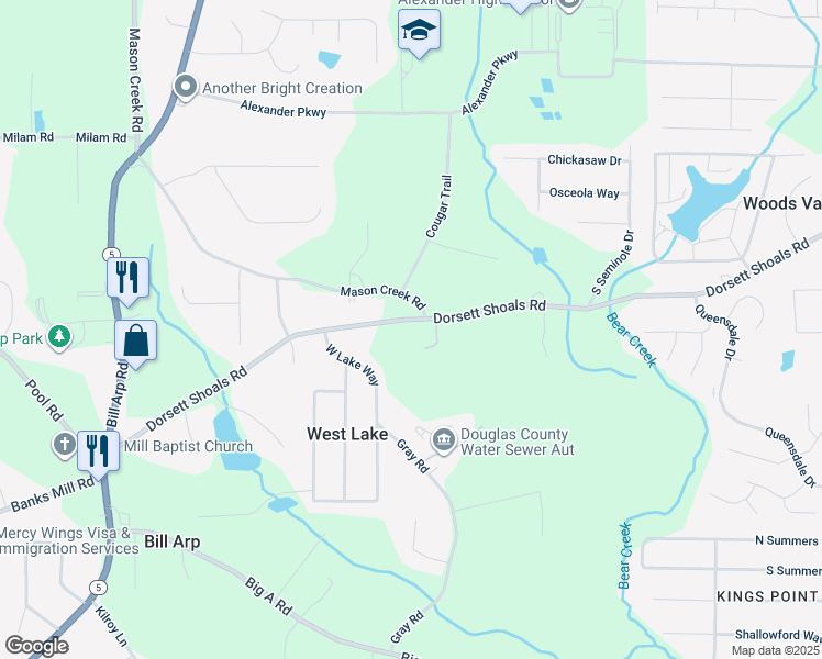 map of restaurants, bars, coffee shops, grocery stores, and more near 6679 Dorsett Shoals Road in Douglasville