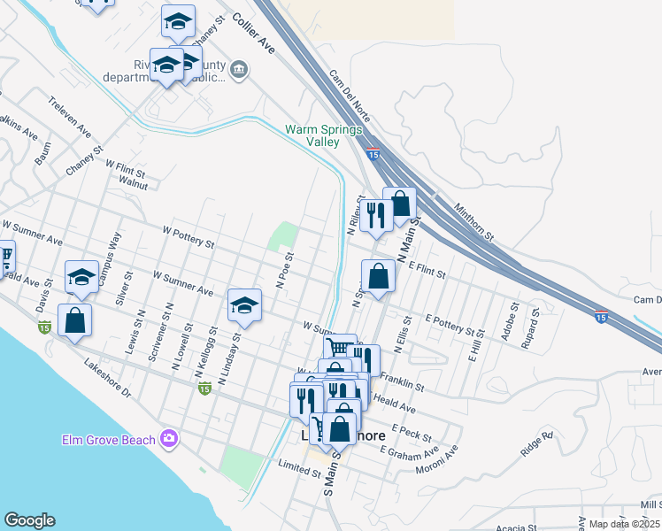 map of restaurants, bars, coffee shops, grocery stores, and more near 407 North Riley Street in Lake Elsinore