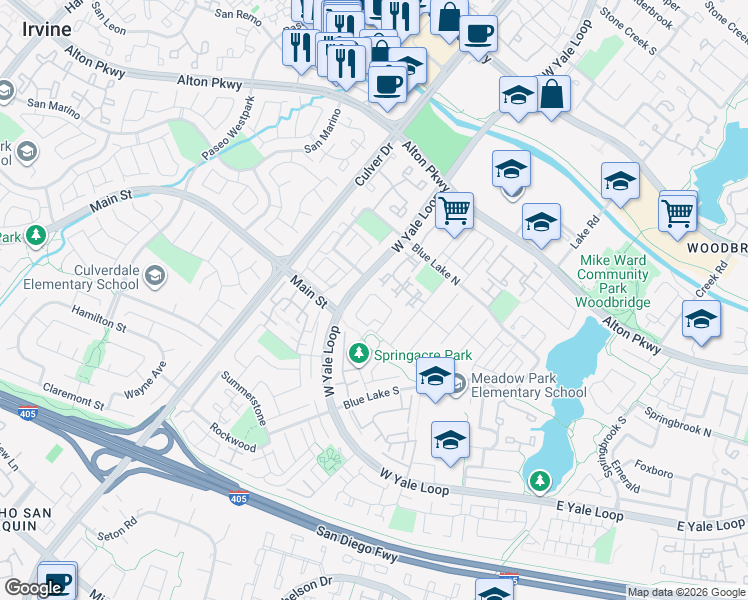 map of restaurants, bars, coffee shops, grocery stores, and more near 14 Windsong in Irvine