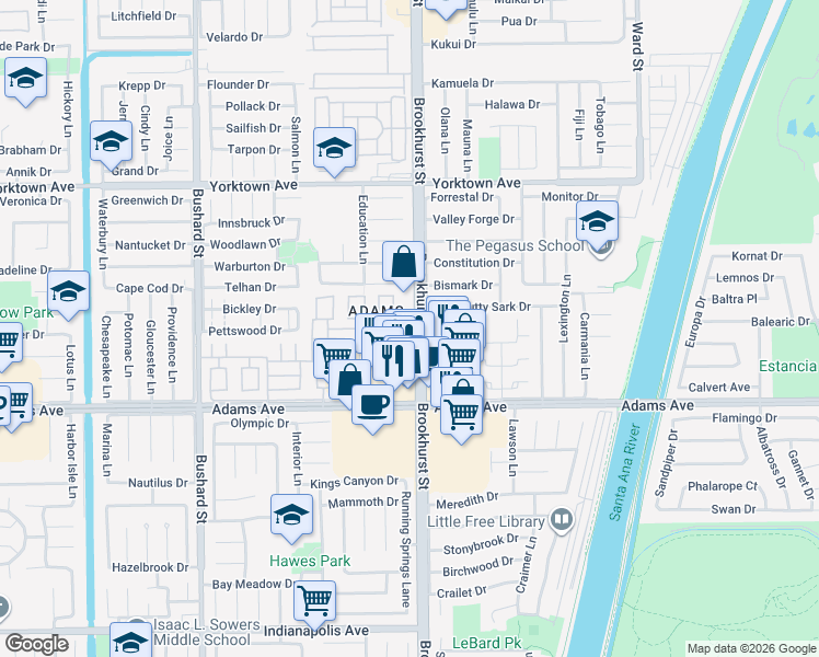 map of restaurants, bars, coffee shops, grocery stores, and more near 9958 Continental Drive in Huntington Beach