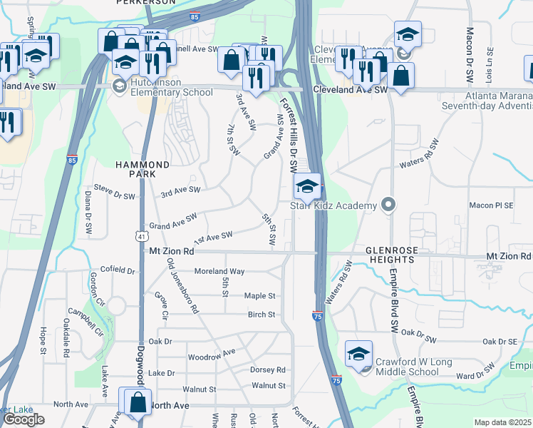map of restaurants, bars, coffee shops, grocery stores, and more near 2920 1st Avenue Southwest in Atlanta