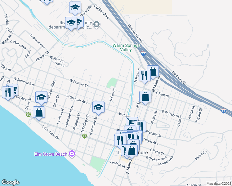map of restaurants, bars, coffee shops, grocery stores, and more near 409 West Pottery Street in Lake Elsinore