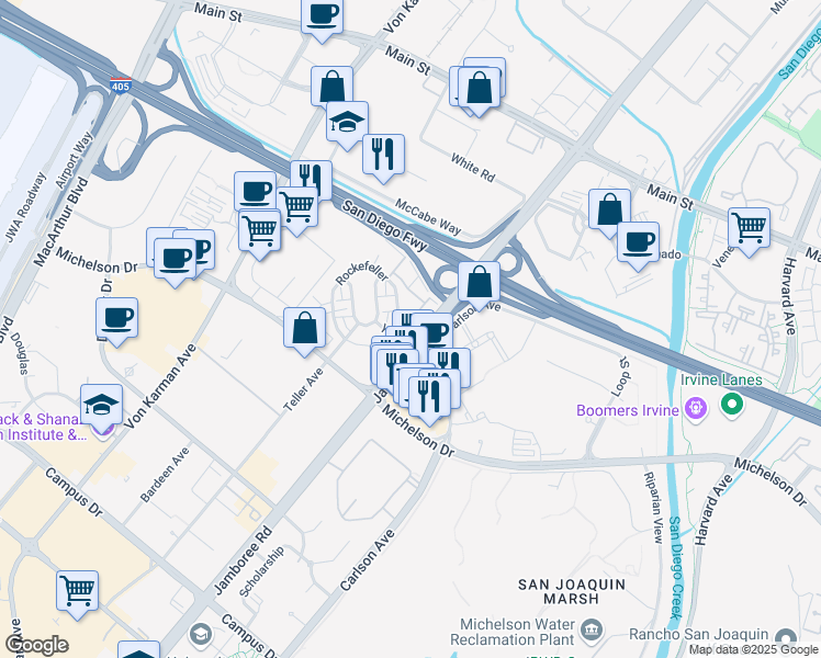 map of restaurants, bars, coffee shops, grocery stores, and more near 136 Tribeca in Irvine