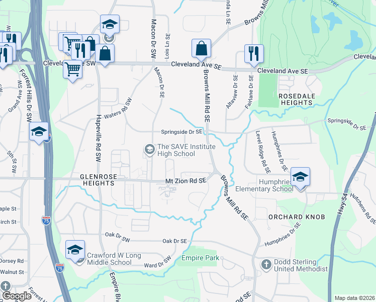 map of restaurants, bars, coffee shops, grocery stores, and more near 2924 Springside Place Southeast in Atlanta