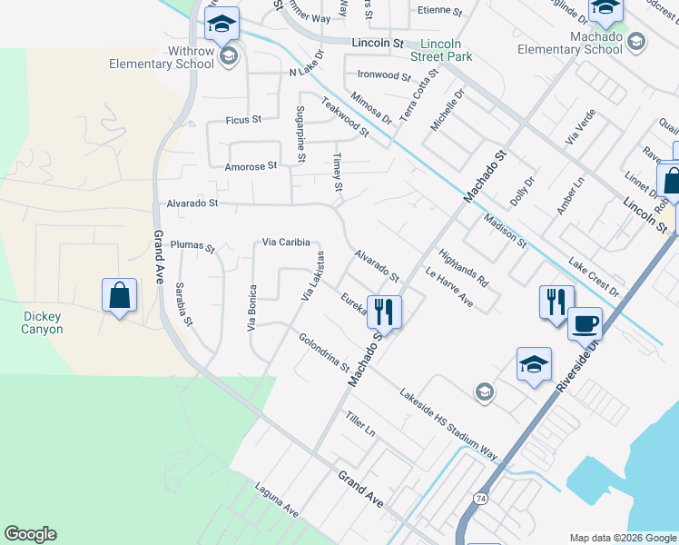 map of restaurants, bars, coffee shops, grocery stores, and more near 32607 Payne Street in Lake Elsinore