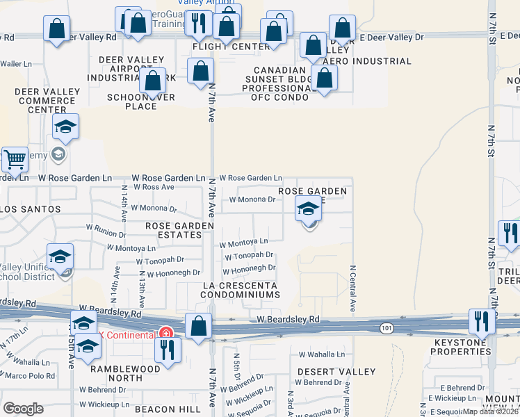 map of restaurants, bars, coffee shops, grocery stores, and more near 410 West Mohawk Lane in Phoenix