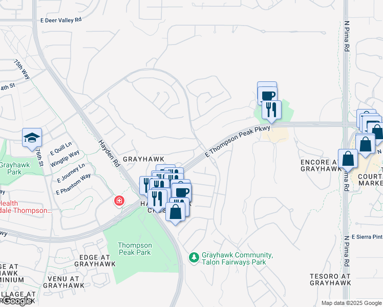map of restaurants, bars, coffee shops, grocery stores, and more near 20802 North Grayhawk Drive in Scottsdale