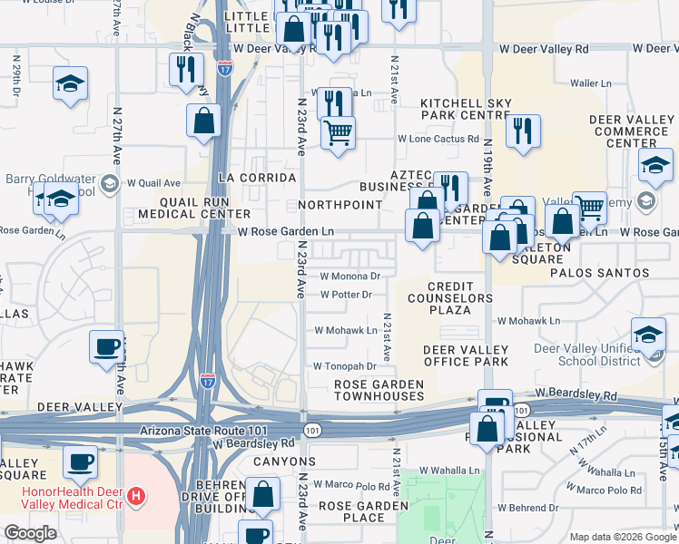 map of restaurants, bars, coffee shops, grocery stores, and more near 2226 West Monona Drive in Phoenix