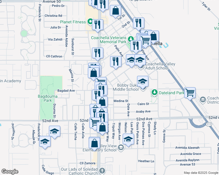 map of restaurants, bars, coffee shops, grocery stores, and more near 1076 Tripoli Way in Coachella