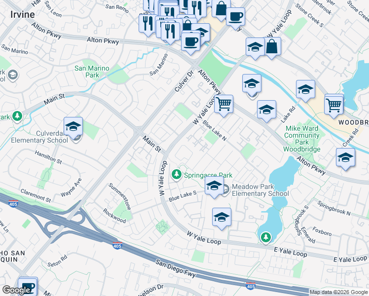map of restaurants, bars, coffee shops, grocery stores, and more near 14 Windsong in Irvine
