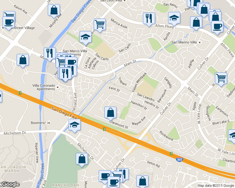 map of restaurants, bars, coffee shops, grocery stores, and more near 3652 Fenn Street in Irvine