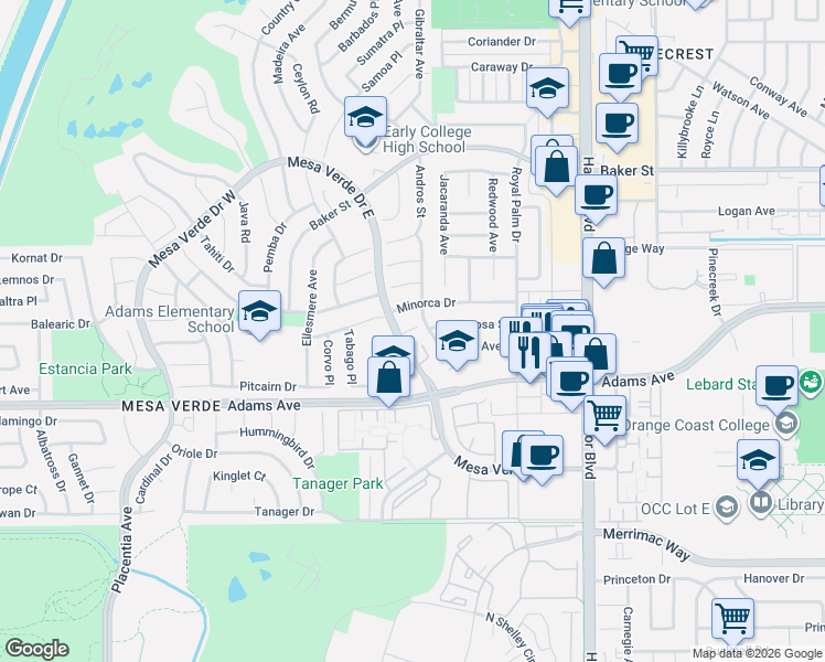 map of restaurants, bars, coffee shops, grocery stores, and more near 1641 Murano Place in Costa Mesa