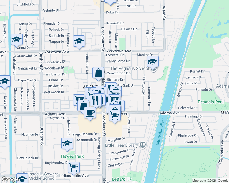 map of restaurants, bars, coffee shops, grocery stores, and more near 19822 Brookhurst Street in Huntington Beach