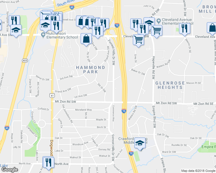 map of restaurants, bars, coffee shops, grocery stores, and more near 2920 1st Avenue Southwest in Atlanta