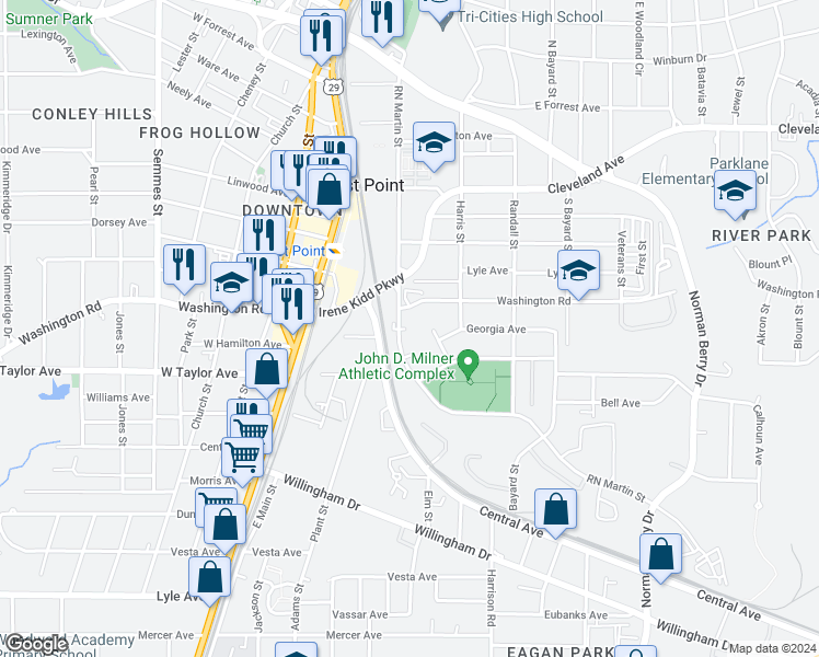 map of restaurants, bars, coffee shops, grocery stores, and more near in East Point