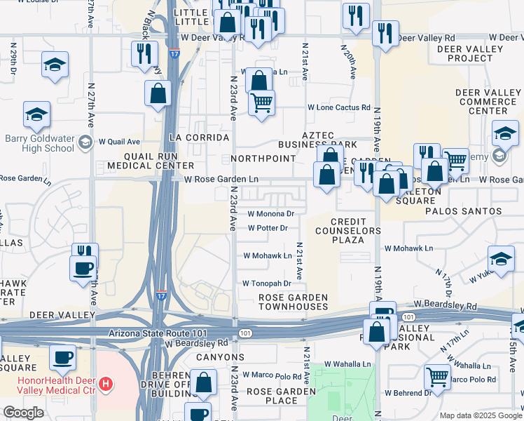 map of restaurants, bars, coffee shops, grocery stores, and more near 2226 West Monona Drive in Phoenix