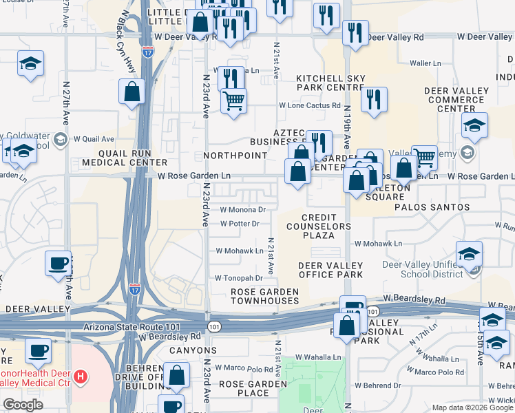 map of restaurants, bars, coffee shops, grocery stores, and more near 2134 West Monona Drive in Phoenix