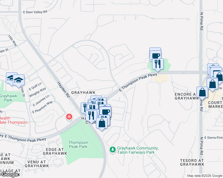 map of restaurants, bars, coffee shops, grocery stores, and more near 20802 North Grayhawk Drive in Scottsdale