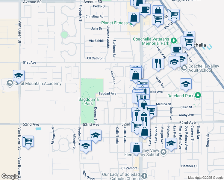 map of restaurants, bars, coffee shops, grocery stores, and more near 51501 Mecca Street in Coachella