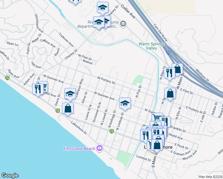 map of restaurants, bars, coffee shops, grocery stores, and more near 311 North Lowell Street in Lake Elsinore