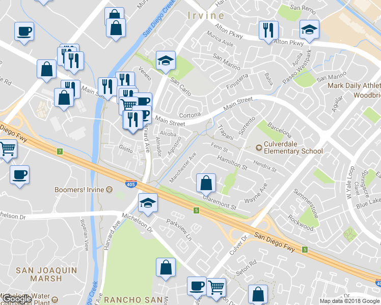 map of restaurants, bars, coffee shops, grocery stores, and more near 17571 Manchester Avenue in Irvine