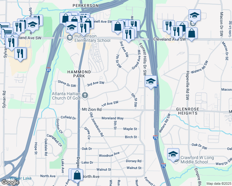 map of restaurants, bars, coffee shops, grocery stores, and more near 2940 Grand Avenue Southwest in Atlanta