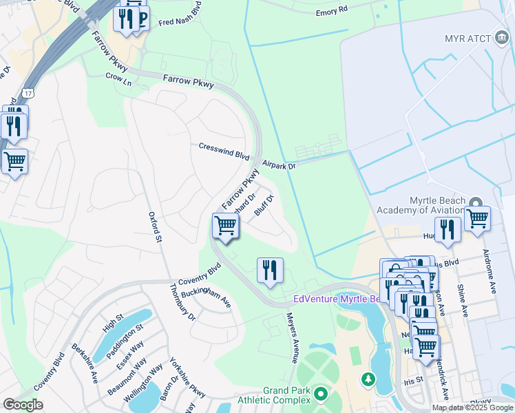 map of restaurants, bars, coffee shops, grocery stores, and more near 1805 Bluff Drive in Myrtle Beach