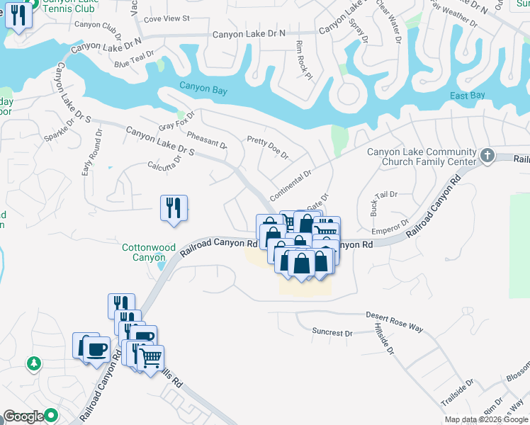 map of restaurants, bars, coffee shops, grocery stores, and more near 23259 Canyon Lake Drive South in Canyon Lake